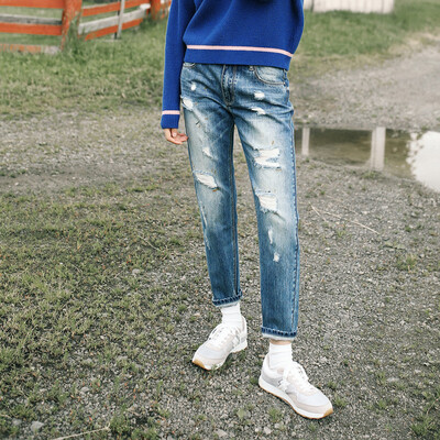 

Rare with pure Raincun N2346 hole Harlan jeans womens trousers loose casual straight jeans blue 27