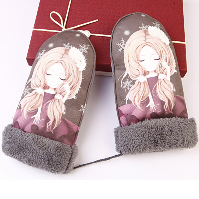 

Winter thickening warm gloves cute student cartoon plus velvet fingers hanging neck sweet