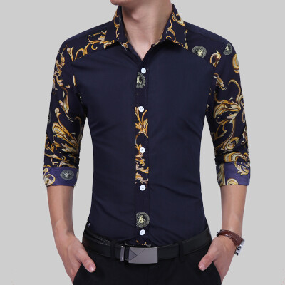 

2017 Men' Fashion Men Shirt Fancy Stitching Tide Slim Square Collar Dress Long-Sleeved Male Shirt