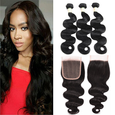 

MORICHY Brazilian Body Wave 3 Bundles with Free Part Lace Closure 7A Unprocessed Human Hair Bundles with Closure Natural Color