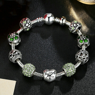 

Baffin Antique Silver Charm Beads Bracelet & Bangle with Love&Flower Crystal Ball Women Wedding Valentines Day Gift