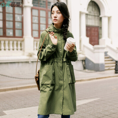 

Yan Man (INMAN) 2017 autumn new hooded large pocket single-breasted dressing coat coat female long section 1873061095 shallow khaki