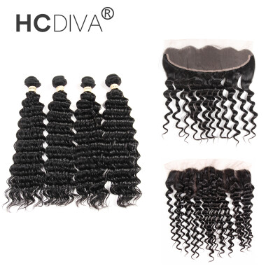 

HCDIVA Brazilian Deep Wave With Frontal Brazilian Virgin Hair With Lace Frontal Ear To Ear Virgin Hair 4 Bundles With Frontal