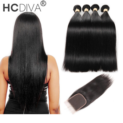 

HCDIVA Malaysian Straight Hair 4 Bundles With Lace Closure Malaysian Virgin Hair With Closure Human Hair With Closure