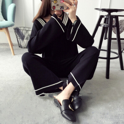 

sustory women 2017 autumn&winter models v collar sweater sets of head coat fashion casual pants Korean knitting two-piece suit SRSU129 black all
