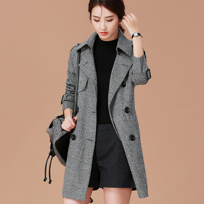 

City plus CIYPLUS 2017 autumn&winter new women in the long section of the lattice windbreaker double breasted belt wild loose jacket CWDY179162 light gray XL
