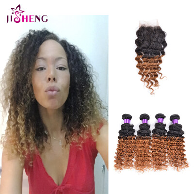 

8A Ombre Deep Human Hair Bundles With Closure Indian 4 bundles Human Hair With 44 Lace Closure