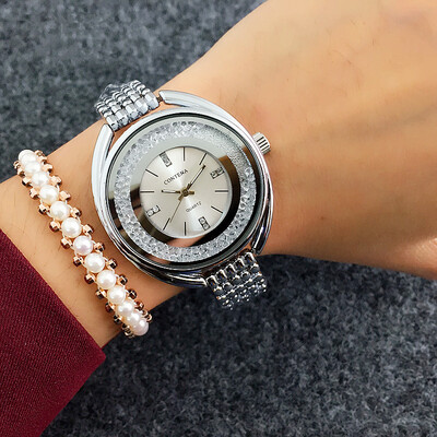 

Fashion Ladies Dress Watch CONTENA Business Women Trendy Gold Quartz Wrist Watch Rhinestone Crystal Clock