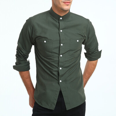 

Fashion Male Shirt Long-Sleeves Tops British Stand Collar Young Solid Color Shirt Mens Dress Shirts Slim Men Shirt