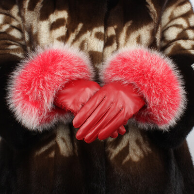 

Ladies sheepskin warm gloves, big fox fur, leather gloves