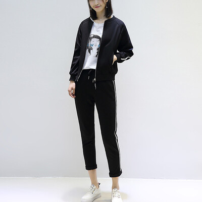 

City plus CITYPLUS 2017 autumn new women's art long-sleeved baseball jacket + elastic waist nine points casual pants two-piece suit CWWT178557 black