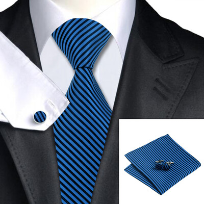 

N-0652 Vogue Men Silk Tie Set Blue Stripe Necktie Handkerchief Cufflinks Set Ties For Men Formal Wedding Business wholesale