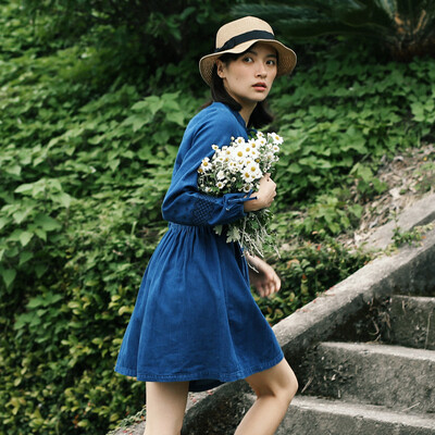 

And pure Raincun N4071 Japanese embroidery denim dress a word high waist was thin long sleeve lace skirt blue XL N4071L0XL