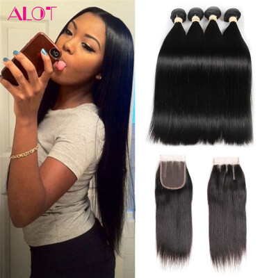 

4 Bundle Straight Hair with Lace Closure With Baby Hair Natural black Soft and Full Good Quality Alot Human Brazilian Virgin Hair