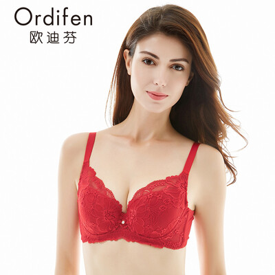 

Ou Difen ladies bra gathered big breast bra sexy embroidery 34 cover thin section underwear XB6362 China Red 75C