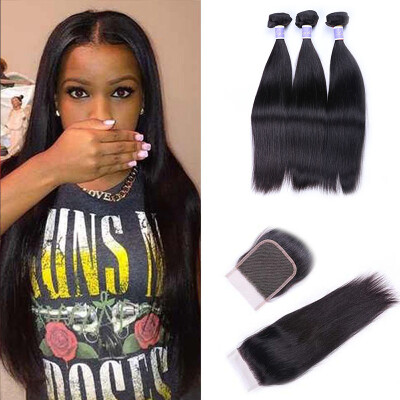 

Straight Peruvian Virgin Hair With Closure Human Hair Closure With Skin Part Peruvian Stright Hair 3 Bundles With Closure