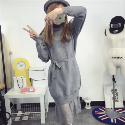 

Long paragraph under the lace autumn and winter shirt long sleeve lady sweater sets of long paragraph loose knitted dress