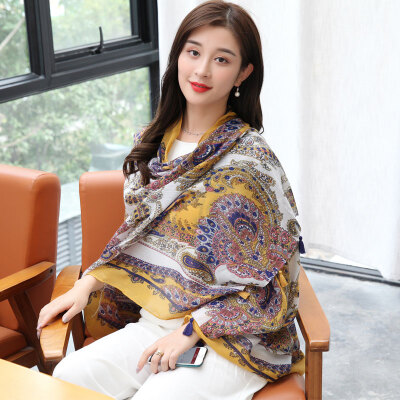 

Yimihuasha scarf women spring&summer sunscreen air conditioning shawl autumn&winter warm scarf scarves dual-use national cashews deep blue