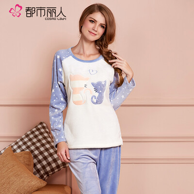 

Cosmo Lady womens pajamas flannel thick section soft&comfortable cartoon pants two-piece coral fleece home service suit