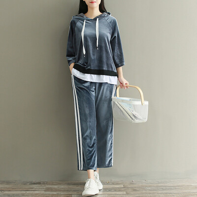 

City plus CITYPLUS 2017 autumn and winter new women's art velvet sports suit Harajuku wind sweater casual two-piece set CWWT179269 gray L