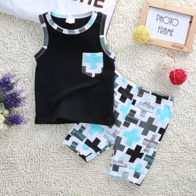 

2017 2pcs Baby Clothes Boys Kids Fashion Print Pocket vest+Pants Oufits 1-3Y