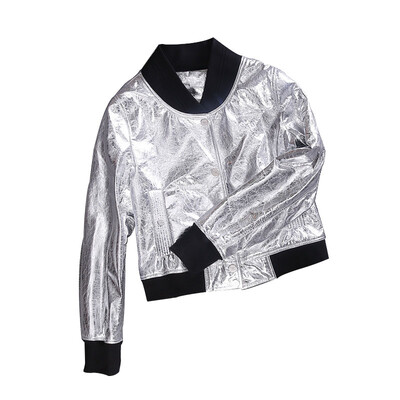 

2017 sheepskin leather leather girl short paragraph silver crack leather motorcycle jacket baseball jacket