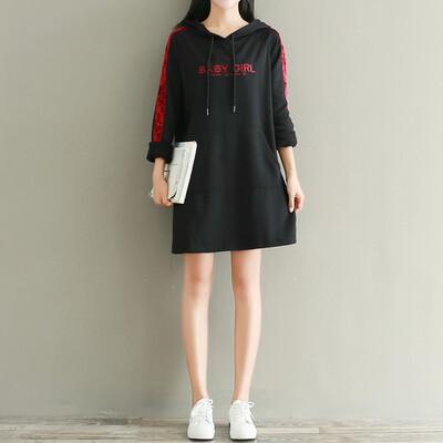 

City plus CITYPLUS 2017 autumn and winter new women's art wild new velvet letter hooded sweater long sleeve dress CWQZ179271 black M