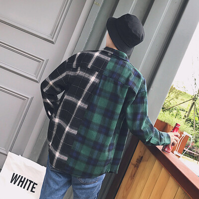 

2017 Fall new stitching long sleeves men shirt loose couples shirt plaid men's shirt