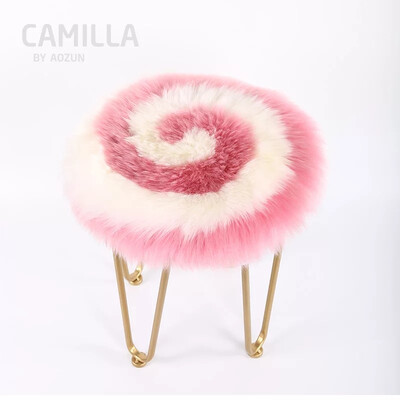 

Lollipop pink color round shaped New Zealand sheepskin fur cushion 45 cm,white pink mixed fur chair cushion. sheep fur seat mat