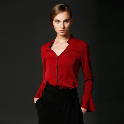 

Marc Rebecca solid color long-sleeved shirt Slim V-neck trumpet shirt shirt blouse