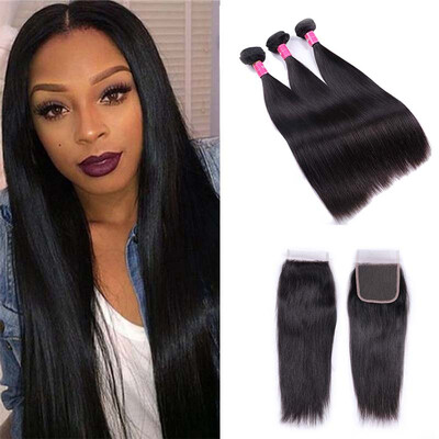 

7A Unprocessed Virgin Hair With Closure Indian Straight Virgin Hair With Closure 3 Bundles With Closure Human Hair With Closure