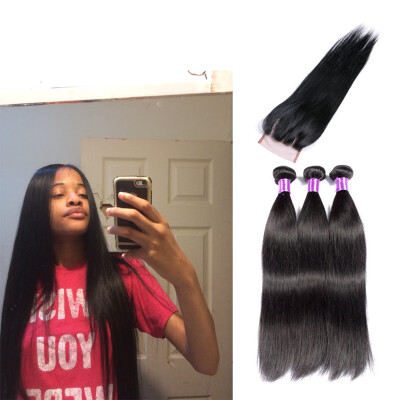 

SQ Hair Peruvian Straight Hair With Lace Closure Good Cheap College Virgin Hair 3 Bundles Human Hair Bundles With Closure