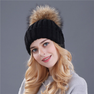 

Mink&Fox Fur Ball Cap Pom Poms Winter Hat for Women Girl s Hat Knitted Beanies Cap Brand New Thick Female Cap