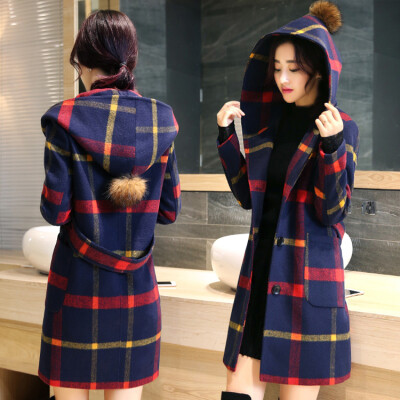 

Winter lattice hooded woolen jacket female middle section thickening student nickname coat