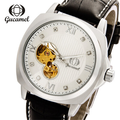 

GUCAMEL Famous Brand Men Business Automatic Self Wind Watches Transparent Case Black Leather Band Mechanical Watches