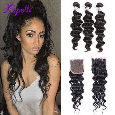 

Kapelli hair 9A Brazilian Loose Wave Virgin Hair With Closure loose Weave Human Hair Lace Closure With Bundles
