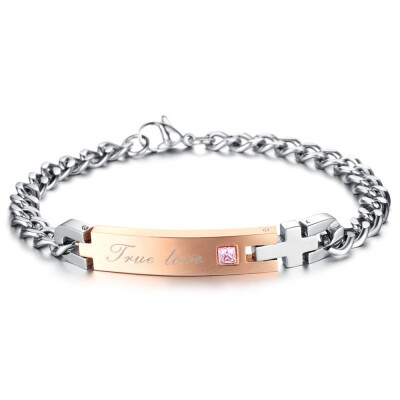 

Women Man Titanium Stainless True Love Couples Bracelet Romantic Bangle With Blue Pink Crystal Chain Fashion Fine ID wristband J