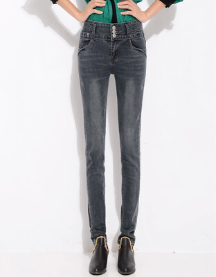 

High waist elastic retro women slim thin legs pants cowboy trousers