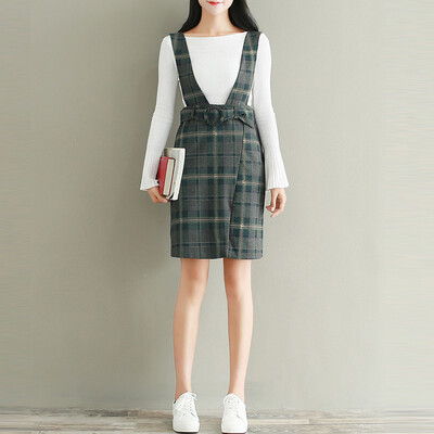 

City plus CITYPLUS 2017 autumn&winter new women&39s literary&artistic wild self-cultivation package buttocks one step under the skirt woolen lattice Gary strap dress CWQZ179268 gray grid