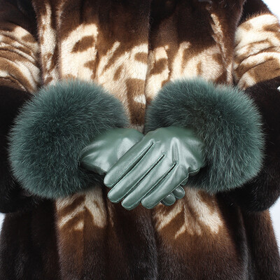 

Ladies sheepskin warm gloves big fox fur leather gloves
