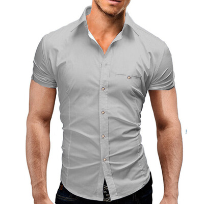 

Men Shirt Luxury Brand 2017 Male Short Sleeve Hawaiian Shirts Casual Metal Buckle Hit Color Slim Fit Black Mens Dress Shirts