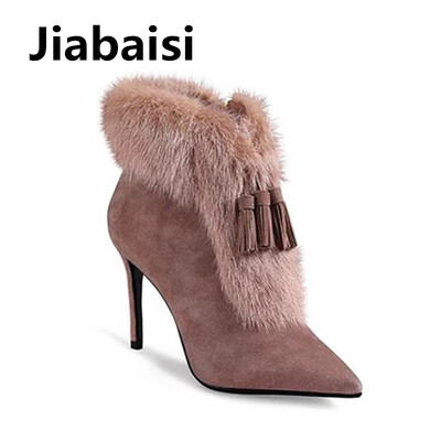 

Jiabaisi shoes womens Tassels pointed toe warm Real fur Calf heel boots Quality suede Shank lady stilettos classics zipper boots