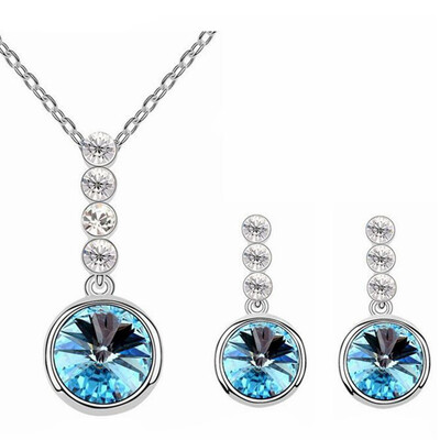 

Round Crystals Pendant Necklace Earrings Jewelry Sets For Women Gift Bride Wedding Jewelry White Gold Color Accessories