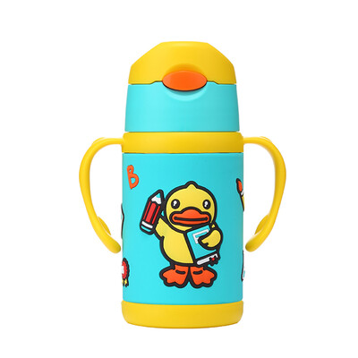 

BDUCK small yellow duck childrens mug stainless steel vacuum double handle soft straw cup insulation cup kettle 300ml green 6289TM