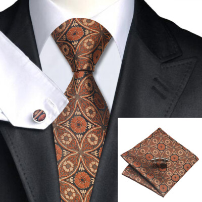 

N-0460 Vogue Men Silk Tie Set Brown Floral Necktie Handkerchief Cufflinks Set Ties For Men Formal Wedding Business wholesale