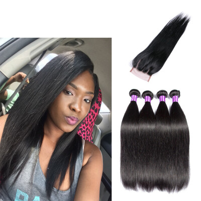 

SQ Hair8A Peruvian Straight Hair 4 Bundles With Lace Frontal Closure Peruvian Virgin Hair With Closure Straight Human Hair