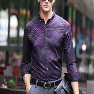 

2017 autumn new shirt men's lattice fight color long-sleeved middle-aged men shirt light luxury business casual men's clothing