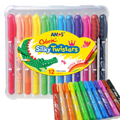 

AMOS Korea imported rotating can be washed crayons pastels watercolor triple children&39s painting tools 12 color thin rod plastic box