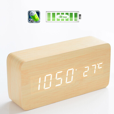 

TIMESS alarm clock storage mute electronic clock voice control rechargeable LED student creative clock bedroom temperature multifunctional wood clock 5021-2 bamboo