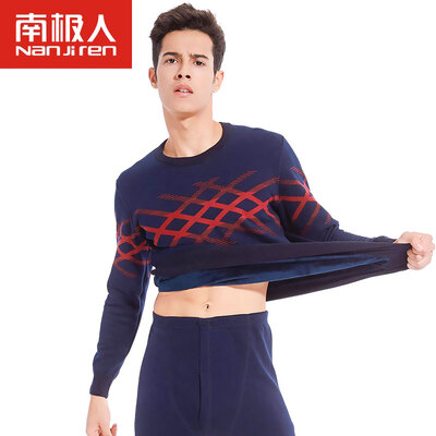 

Antarctic thermal underwear men's round neck prints plus velvet thickening underwear Slim winter youth fashion autumn clothes autumn pants suit male gray red stripes L